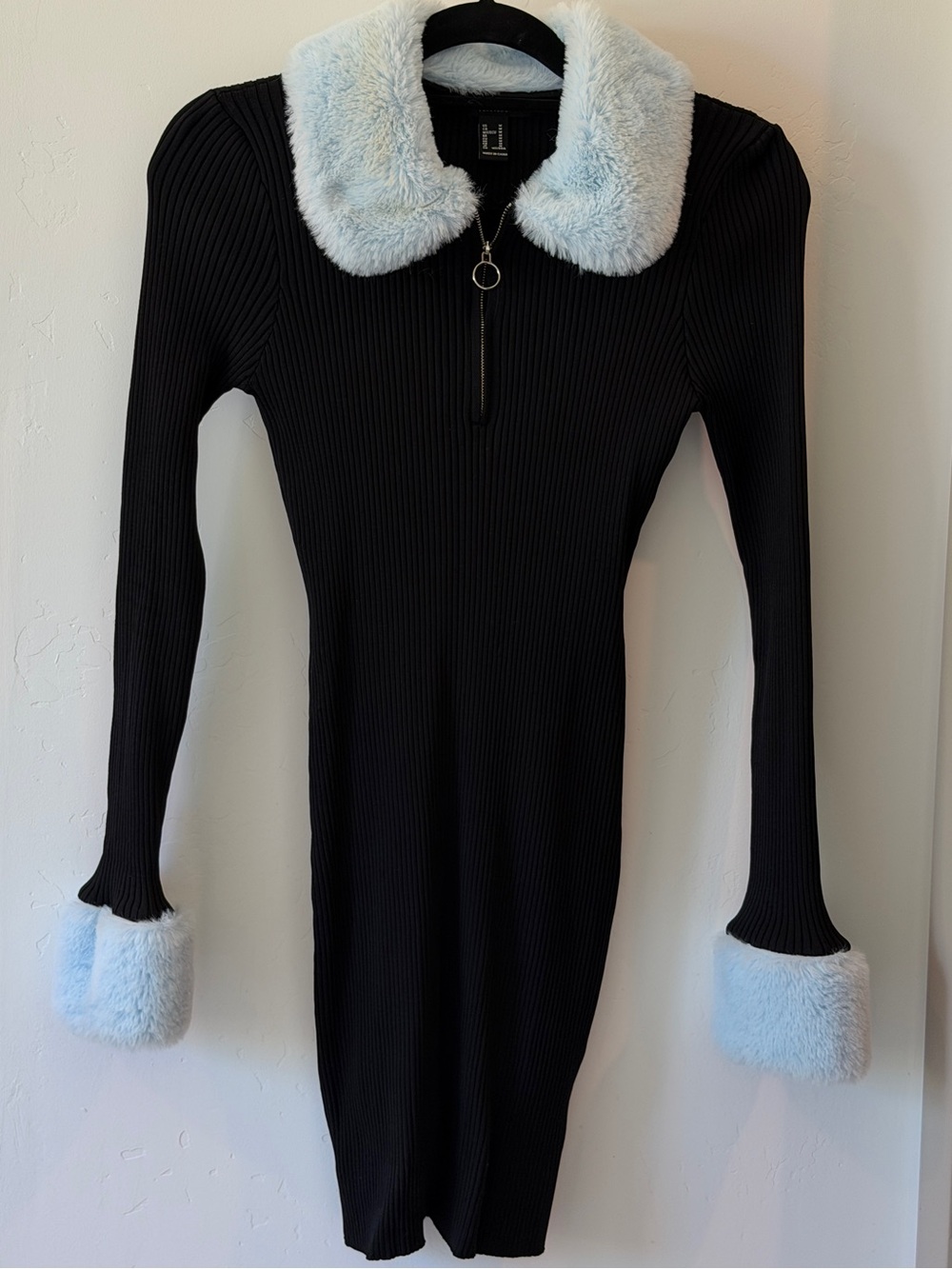 Black Ribbed Long-Sleeve Dress with Light Blue Faux Fur Trim
